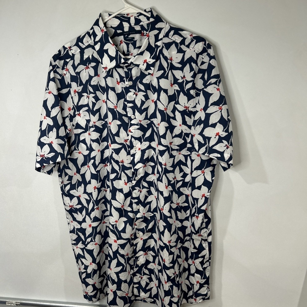 Perry Ellis Floral Navy and White Men's Shirt size XLT